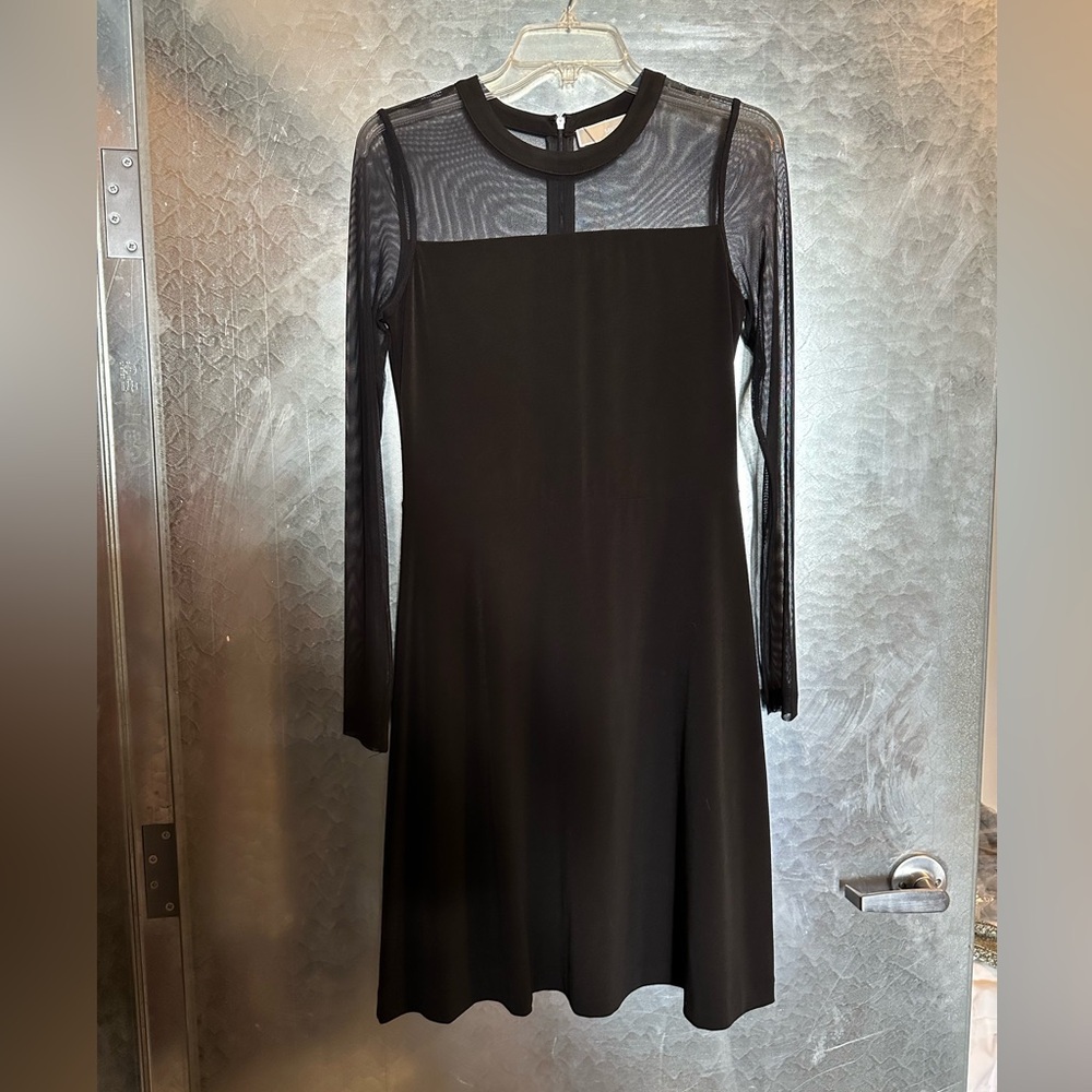Long sleeve black dress with sheer sleeves.